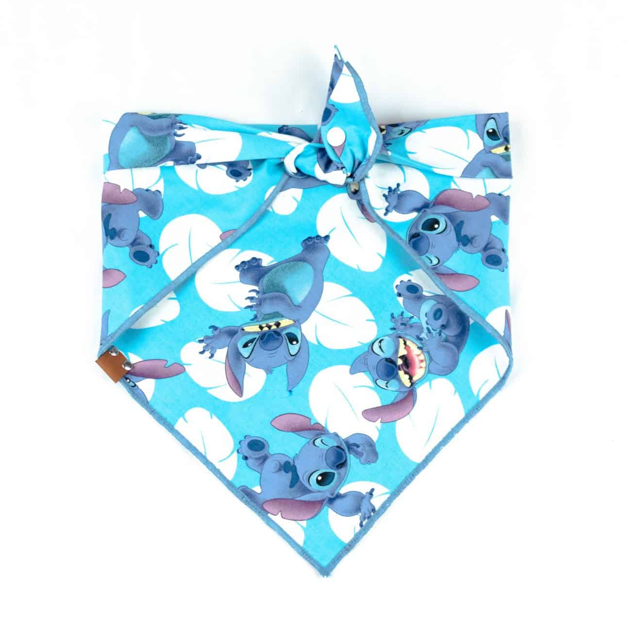 Cartoon Character Stitch with White leaves and blue background dog bandana