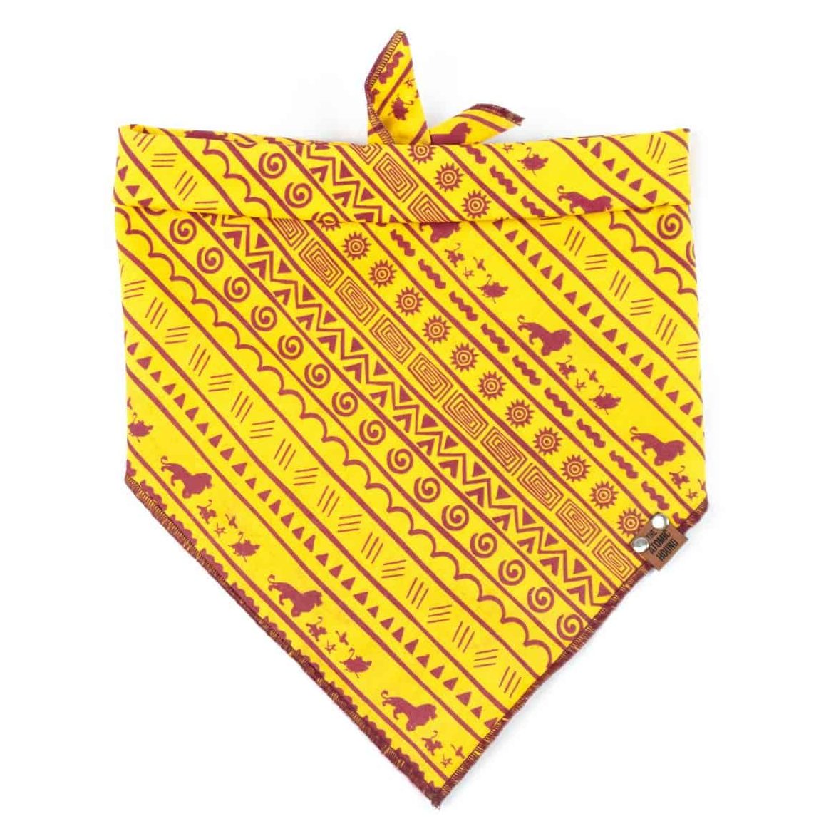 Yellow and maroon dog bandana with Lion King character pattern