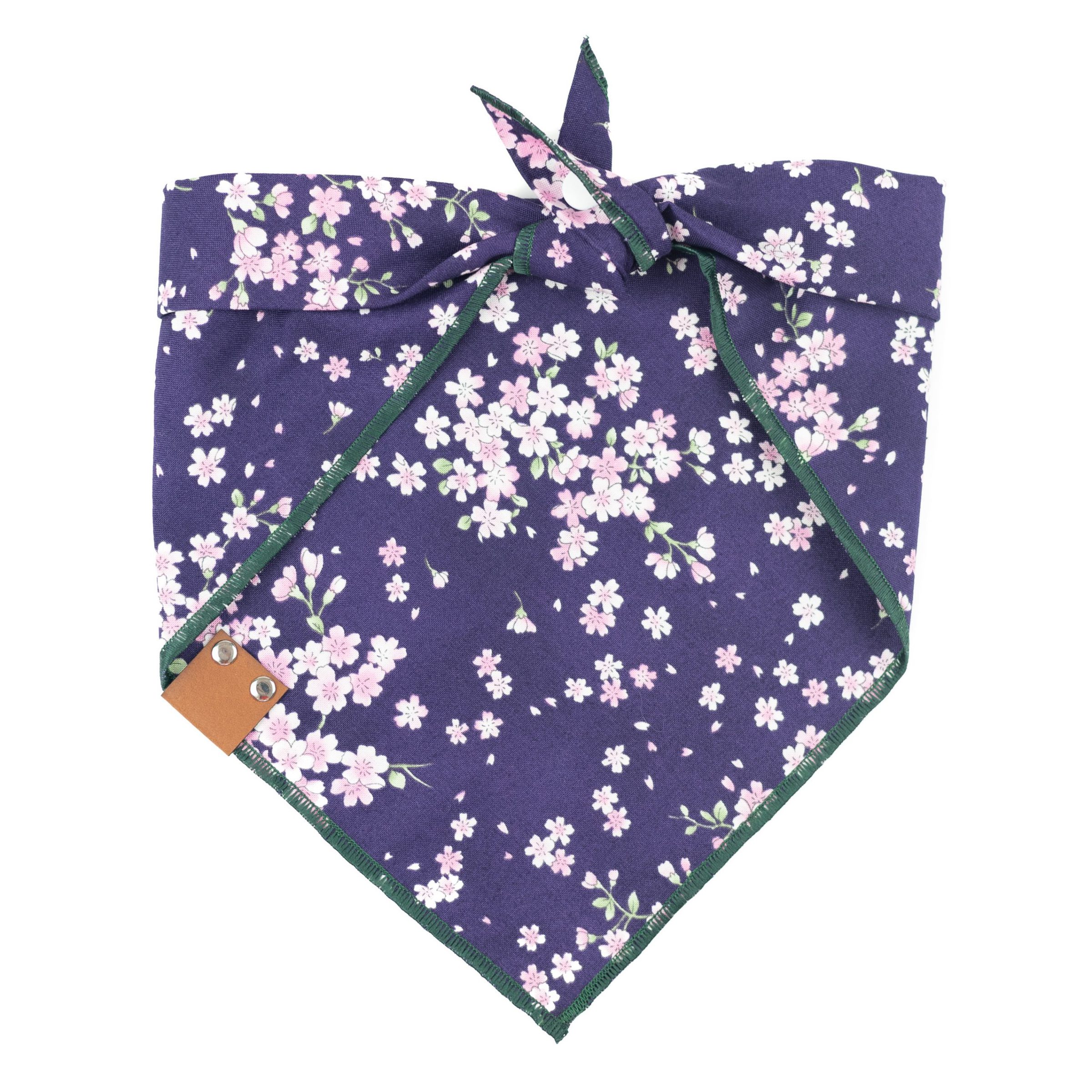 Thalia dog bandana with purple background and pink cherry blossoms