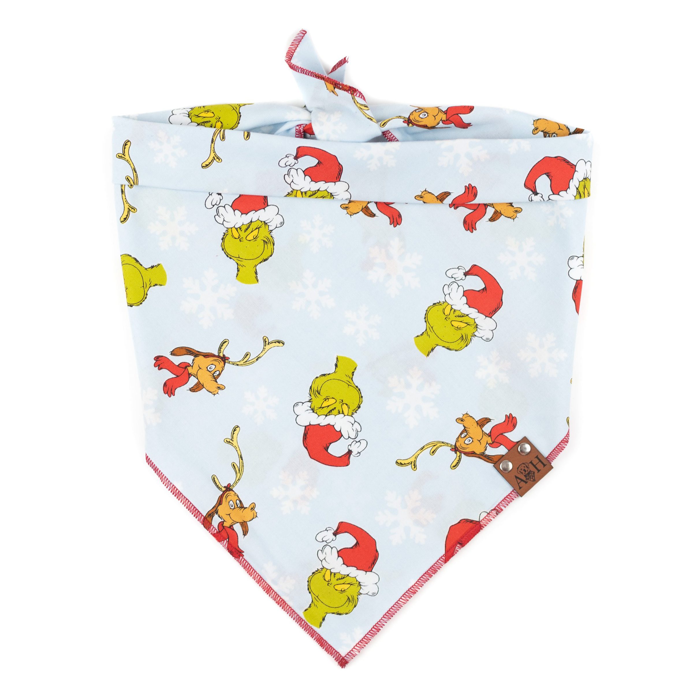 Light blue grinchmas dog bandana with the grinch and max