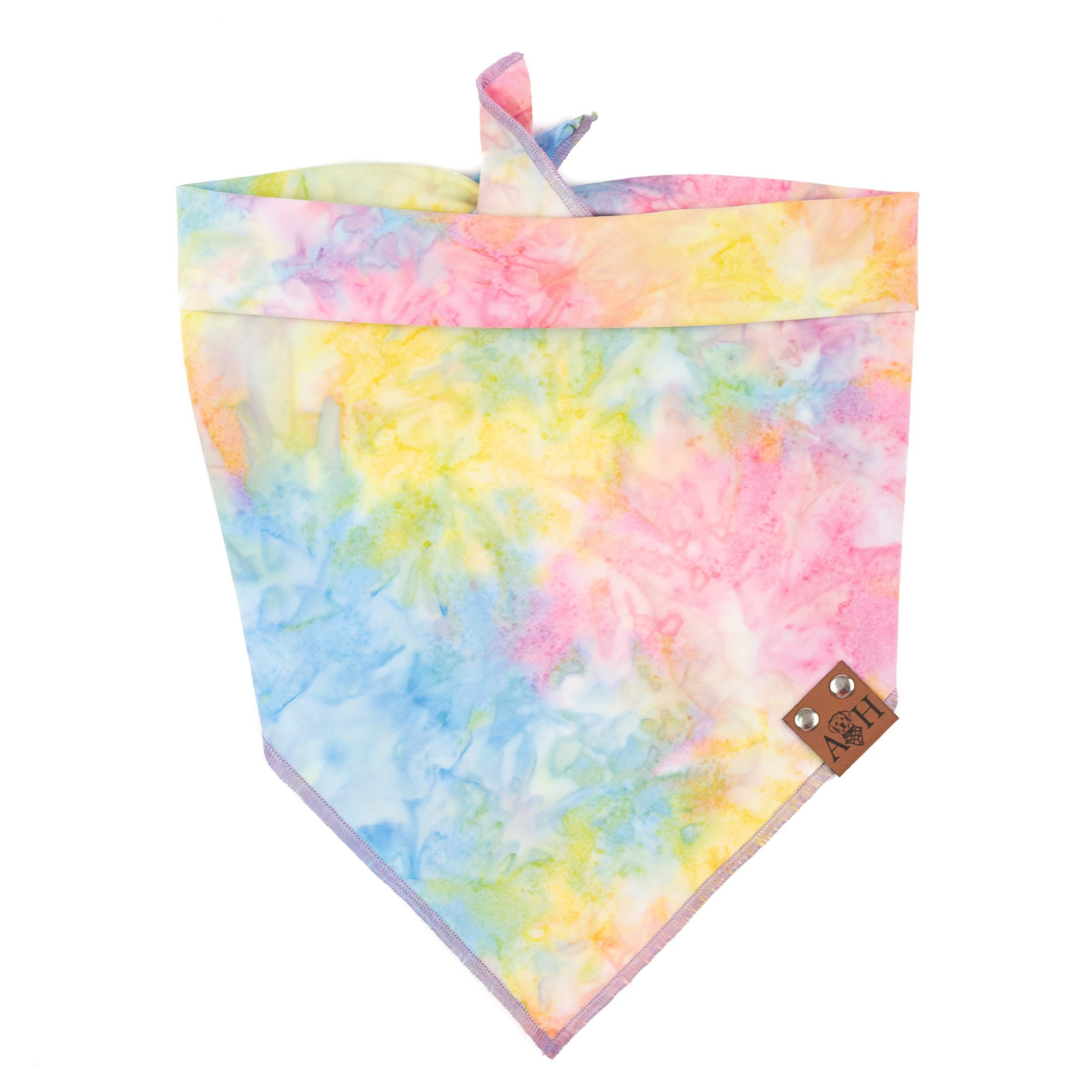 Rainbow Dream Dog Bandana in pale tied dyed yellow, pink, blue