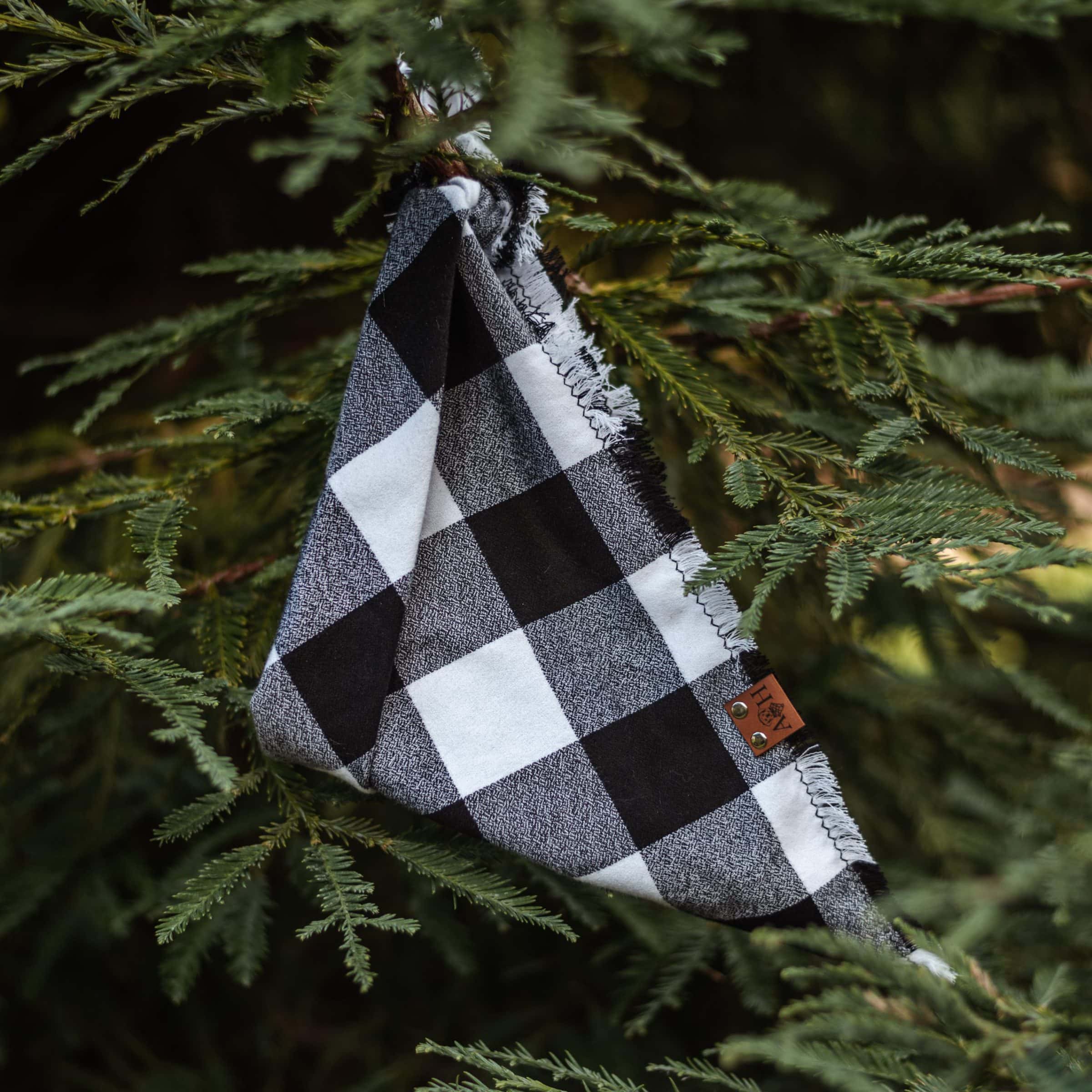 Chester Frayed Dog Bandana in Black and white hanging in a pine tree