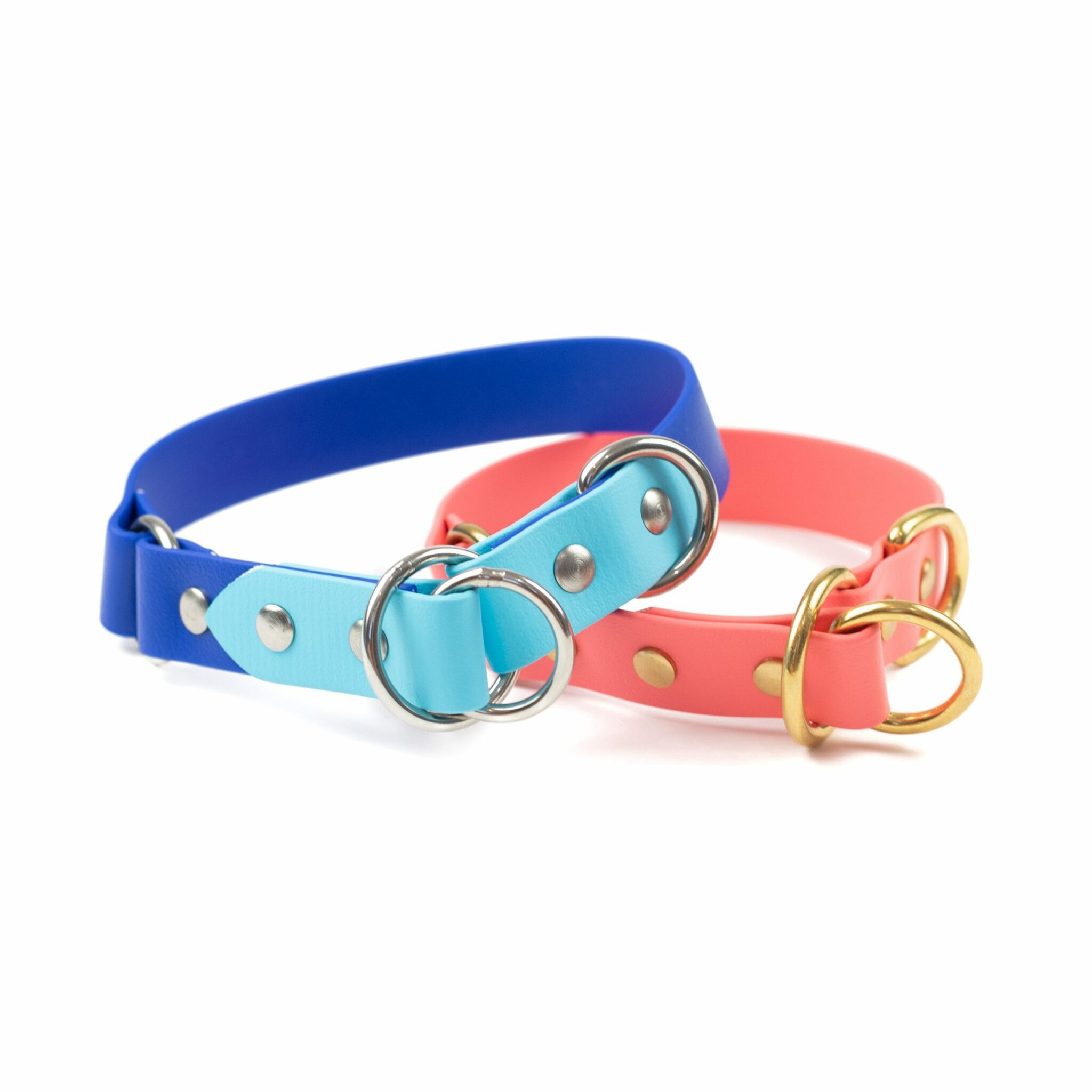 Blue tone and coral 1" o-ring limited slip collar make from biothane