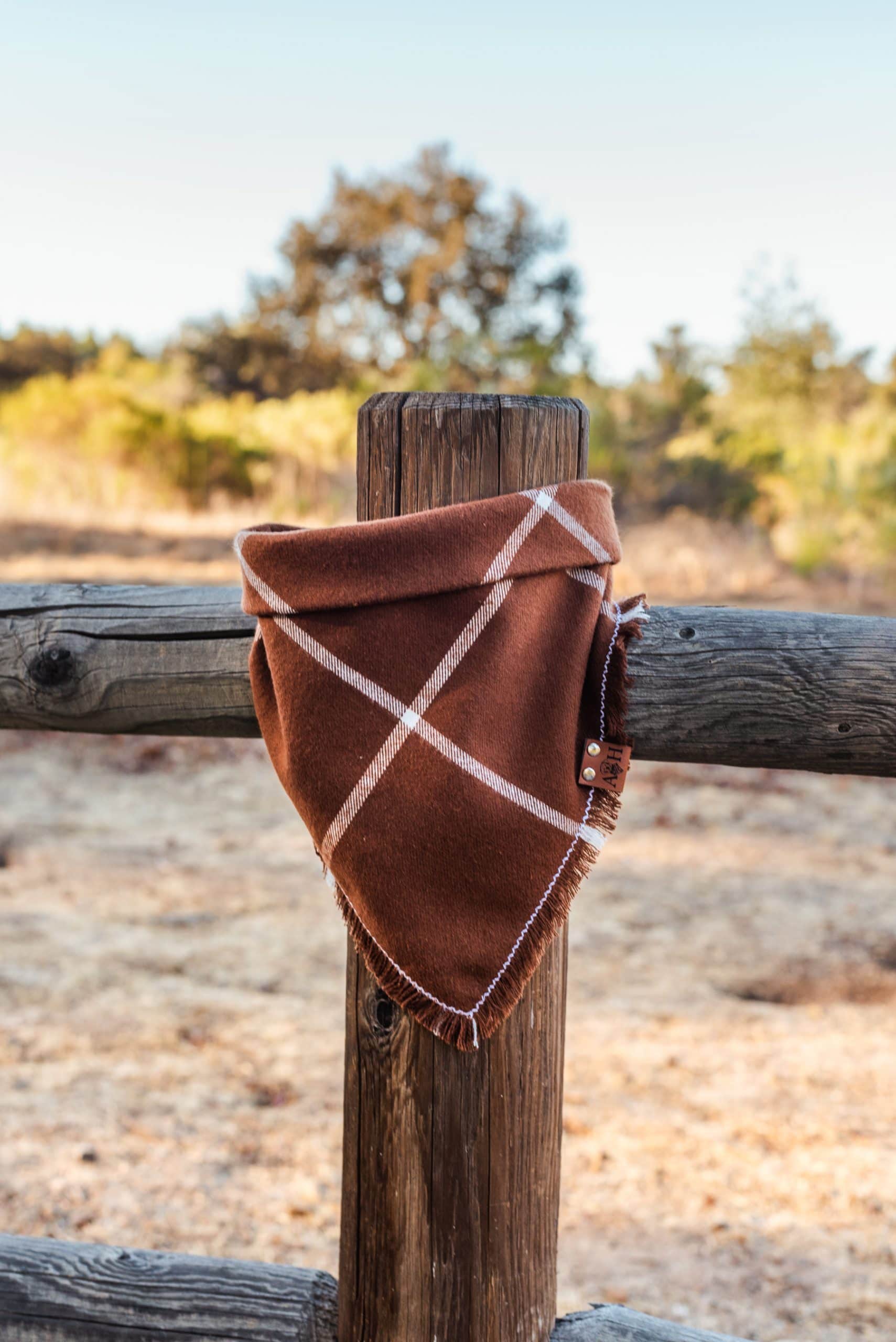 Griffin Frayed Dog Bandana Hanging on a fence post with a field in the back