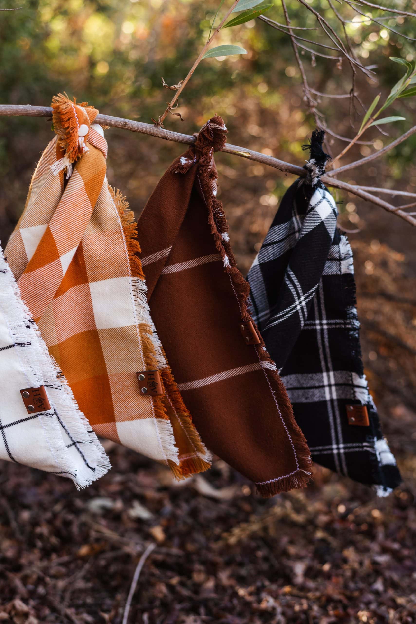Griffin Frayed Dog Bandana Hanging on a Branch with other Fall Dog Bandanas
